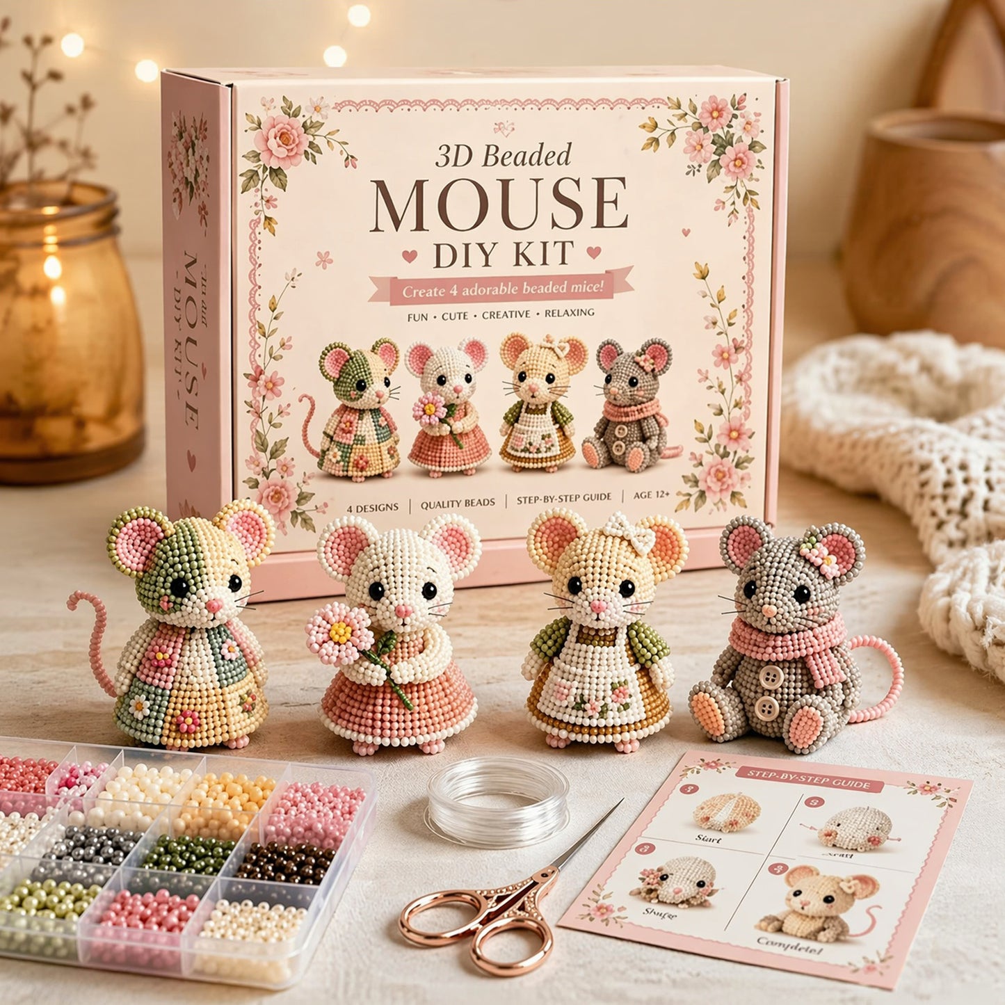 3D DIY Mouse Beaded Animal DIY Kit with Instructions Cute Handmade Bead Art Set Animals Bead Embroidery Kit Creative DIY Decoration Gifts for Beginner