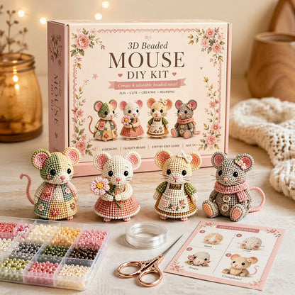 3D DIY Mouse Beaded Animal DIY Kit with Instructions Cute Handmade Bead Art Set Animals Bead Embroidery Kit Creative DIY Decoration Gifts for Beginner
