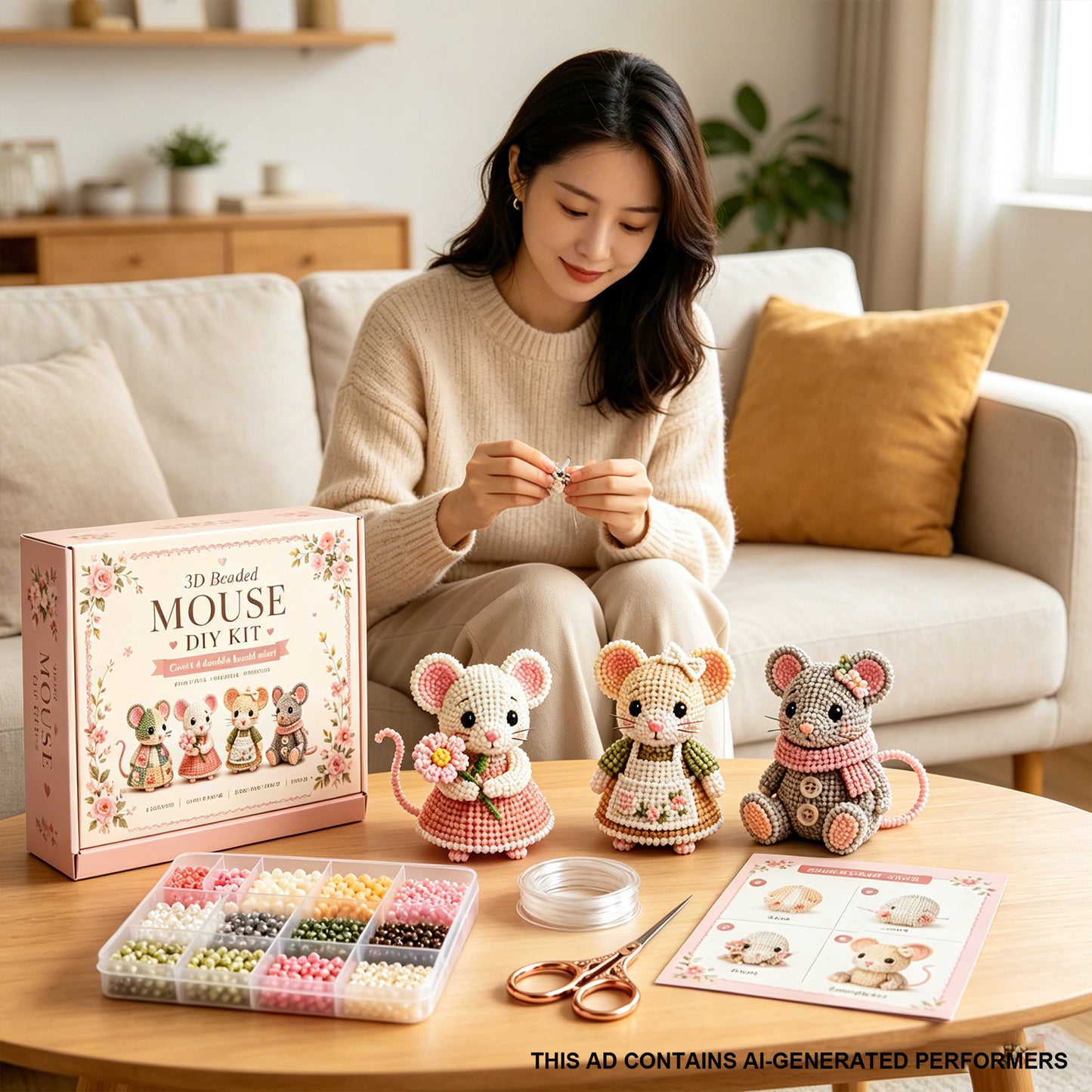 3D DIY Mouse Beaded Animal DIY Kit with Instructions Cute Handmade Bead Art Set Animals Bead Embroidery Kit Creative DIY Decoration Gifts for Beginner