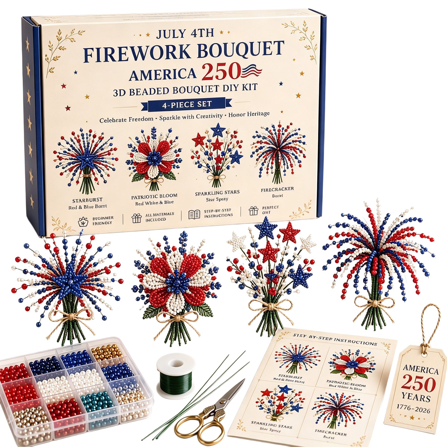 4 Pack 1776-2026 America Independence Day Craft Set Multi Purpose Tiny 3D Beaded Flower DIY Kits Reusable Patriotic Flowers Handmade Craft Sets for Party&Celebration Ornament (Style A)