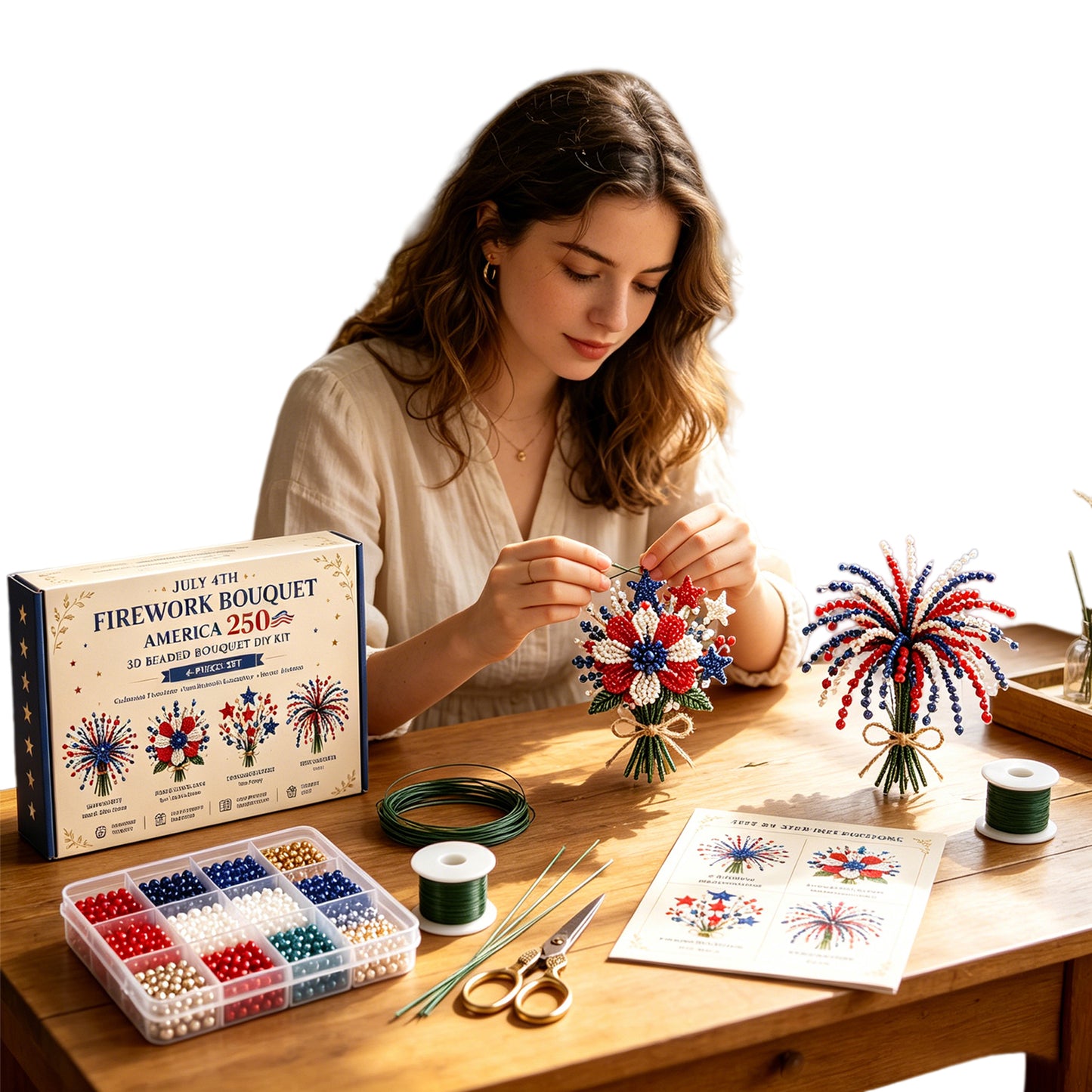 4 Pack 1776-2026 America Independence Day Craft Set Multi Purpose Tiny 3D Beaded Flower DIY Kits Reusable Patriotic Flowers Handmade Craft Sets for Party&Celebration Ornament (Style A)
