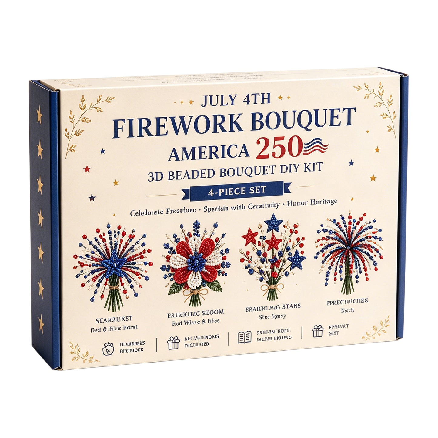 4 Pack 1776-2026 America Independence Day Craft Set Multi Purpose Tiny 3D Beaded Flower DIY Kits Reusable Patriotic Flowers Handmade Craft Sets for Party&Celebration Ornament (Style A)