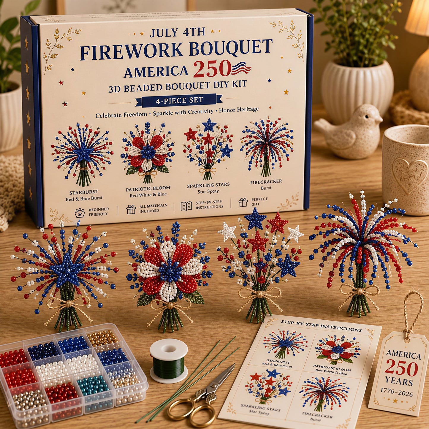 4 Pack 1776-2026 America Independence Day Craft Set Multi Purpose Tiny 3D Beaded Flower DIY Kits Reusable Patriotic Flowers Handmade Craft Sets for Party&Celebration Ornament (Style A)
