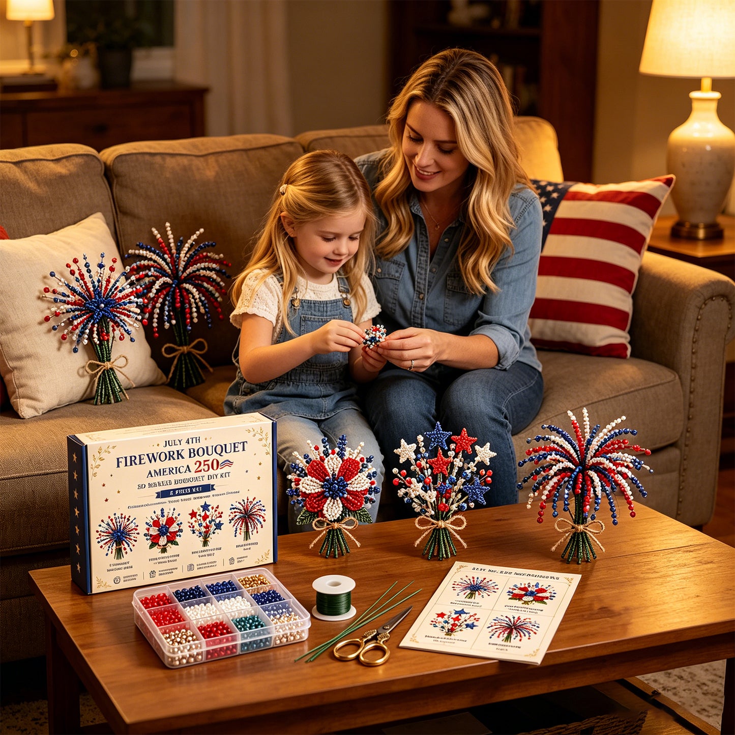 4 Pack 1776-2026 America Independence Day Craft Set Multi Purpose Tiny 3D Beaded Flower DIY Kits Reusable Patriotic Flowers Handmade Craft Sets for Party&Celebration Ornament (Style A)