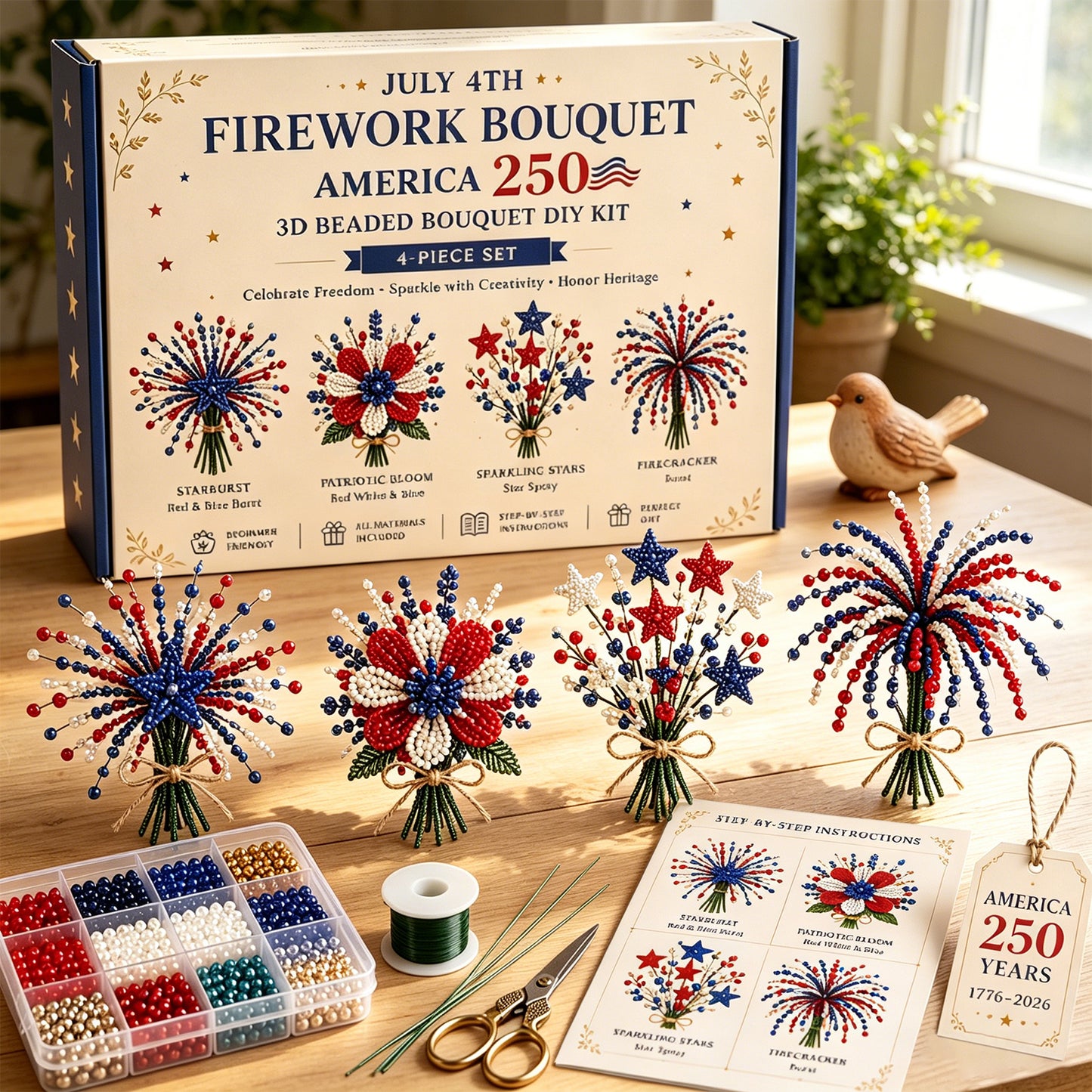 4 Pack 1776-2026 America Independence Day Craft Set Multi Purpose Tiny 3D Beaded Flower DIY Kits Reusable Patriotic Flowers Handmade Craft Sets for Party&Celebration Ornament (Style A)