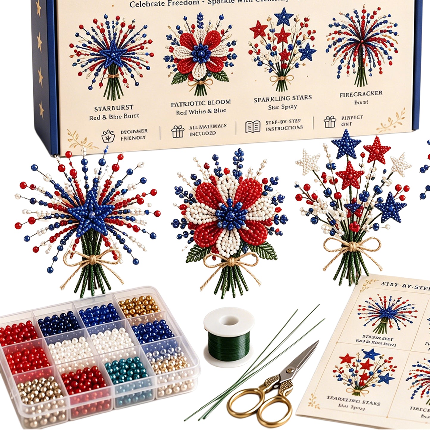 4 Pack 1776-2026 America Independence Day Craft Set Multi Purpose Tiny 3D Beaded Flower DIY Kits Reusable Patriotic Flowers Handmade Craft Sets for Party&Celebration Ornament (Style A)
