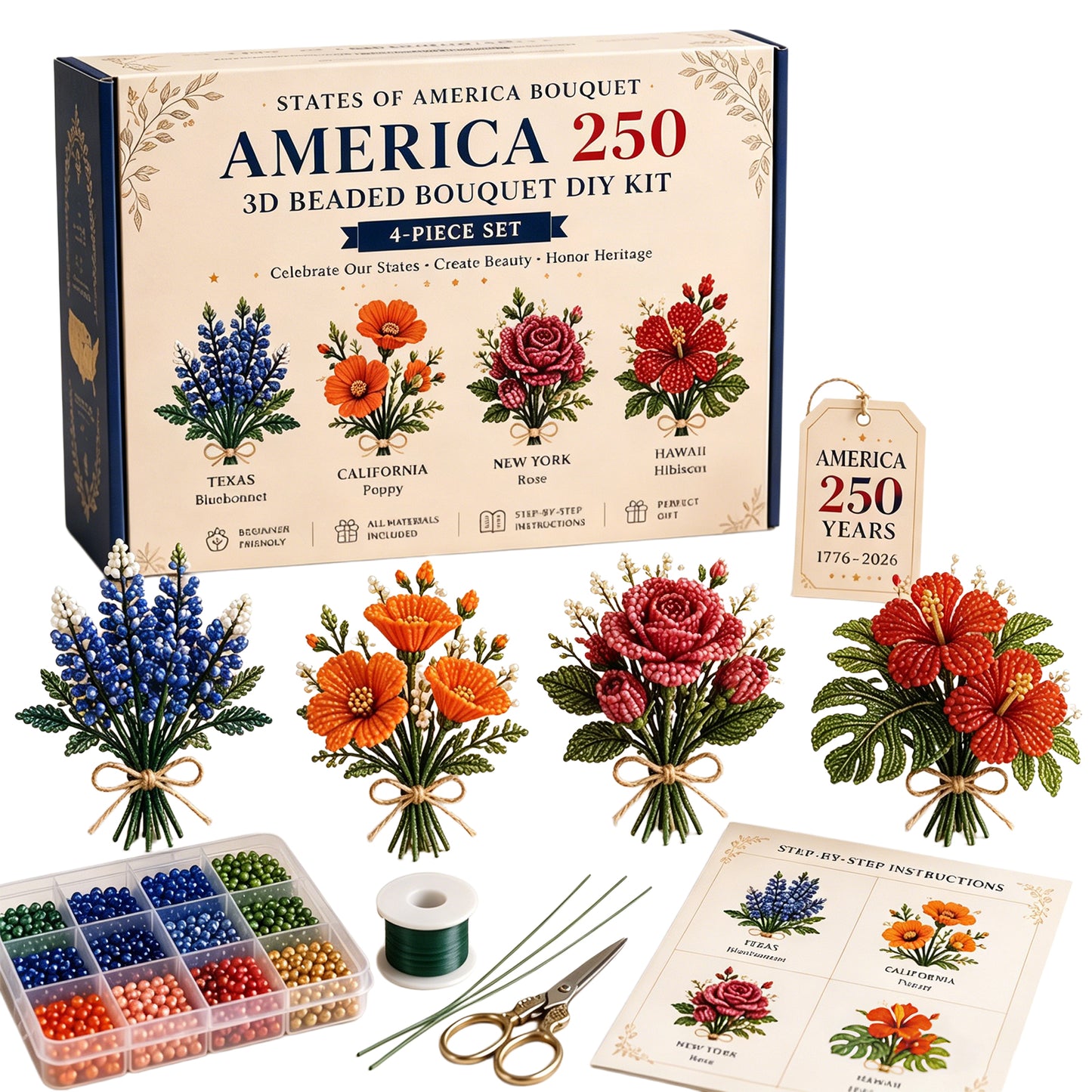 4 Pack 1776-2026 America Independence Day Craft Set Multi Purpose Tiny 3D Beaded Flower DIY Kits Reusable Patriotic Flowers Handmade Craft Sets for Party&Celebration Ornament (Style B)