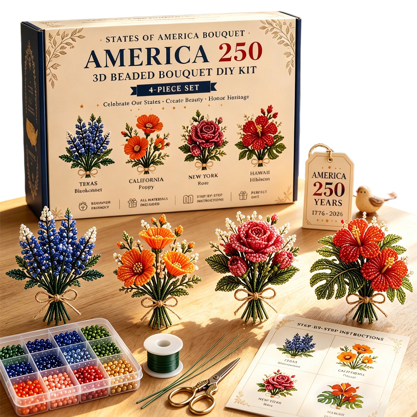 4 Pack 1776-2026 America Independence Day Craft Set Multi Purpose Tiny 3D Beaded Flower DIY Kits Reusable Patriotic Flowers Handmade Craft Sets for Party&Celebration Ornament (Style B)