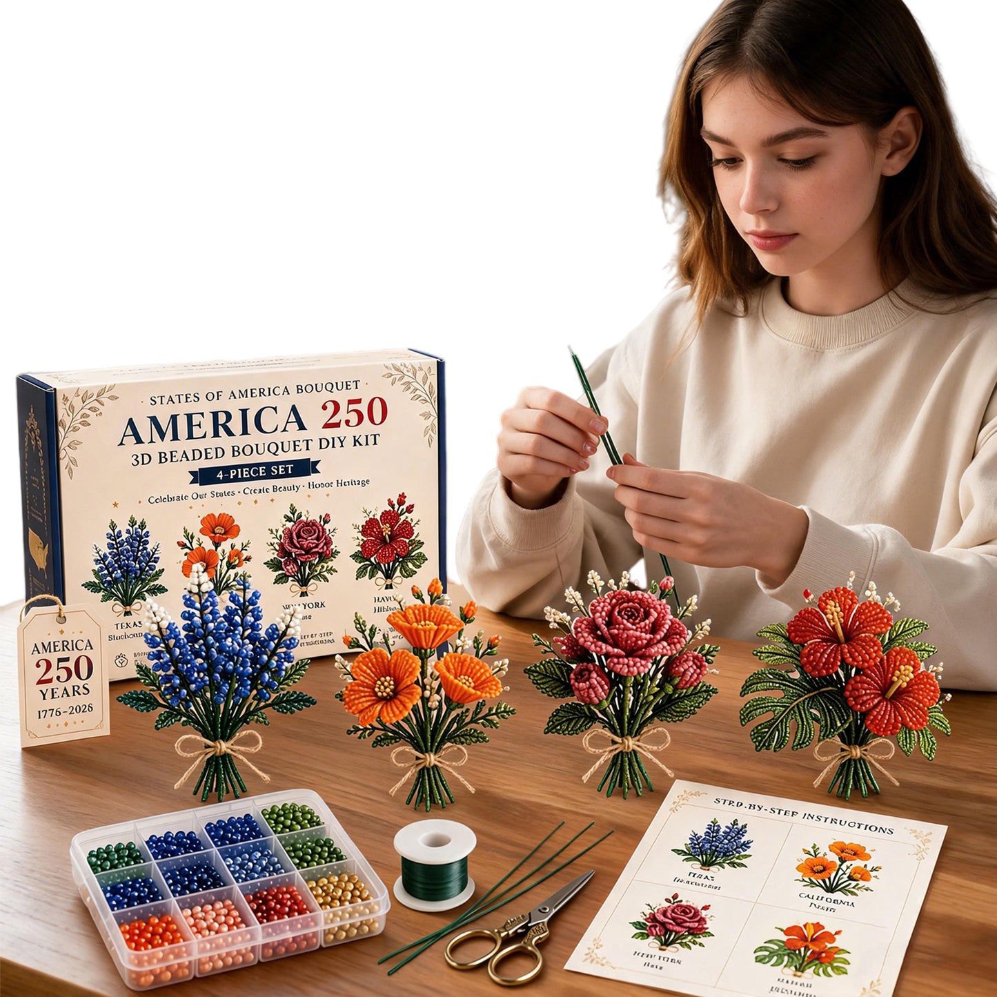 4 Pack 1776-2026 America Independence Day Craft Set Multi Purpose Tiny 3D Beaded Flower DIY Kits Reusable Patriotic Flowers Handmade Craft Sets for Party&Celebration Ornament (Style B)