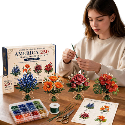 4 Pack 1776-2026 America Independence Day Craft Set Multi Purpose Tiny 3D Beaded Flower DIY Kits Reusable Patriotic Flowers Handmade Craft Sets for Party&Celebration Ornament (Style B)