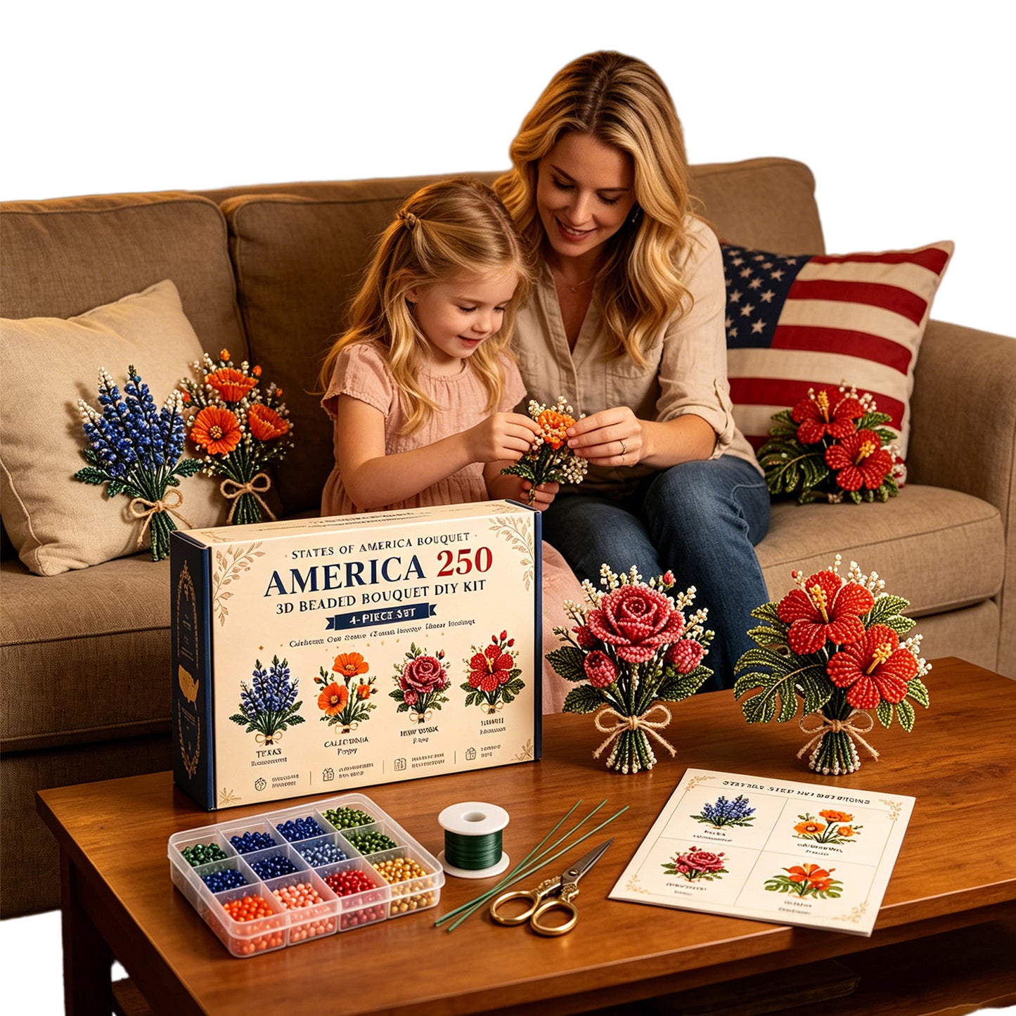 4 Pack 1776-2026 America Independence Day Craft Set Multi Purpose Tiny 3D Beaded Flower DIY Kits Reusable Patriotic Flowers Handmade Craft Sets for Party&Celebration Ornament (Style B)
