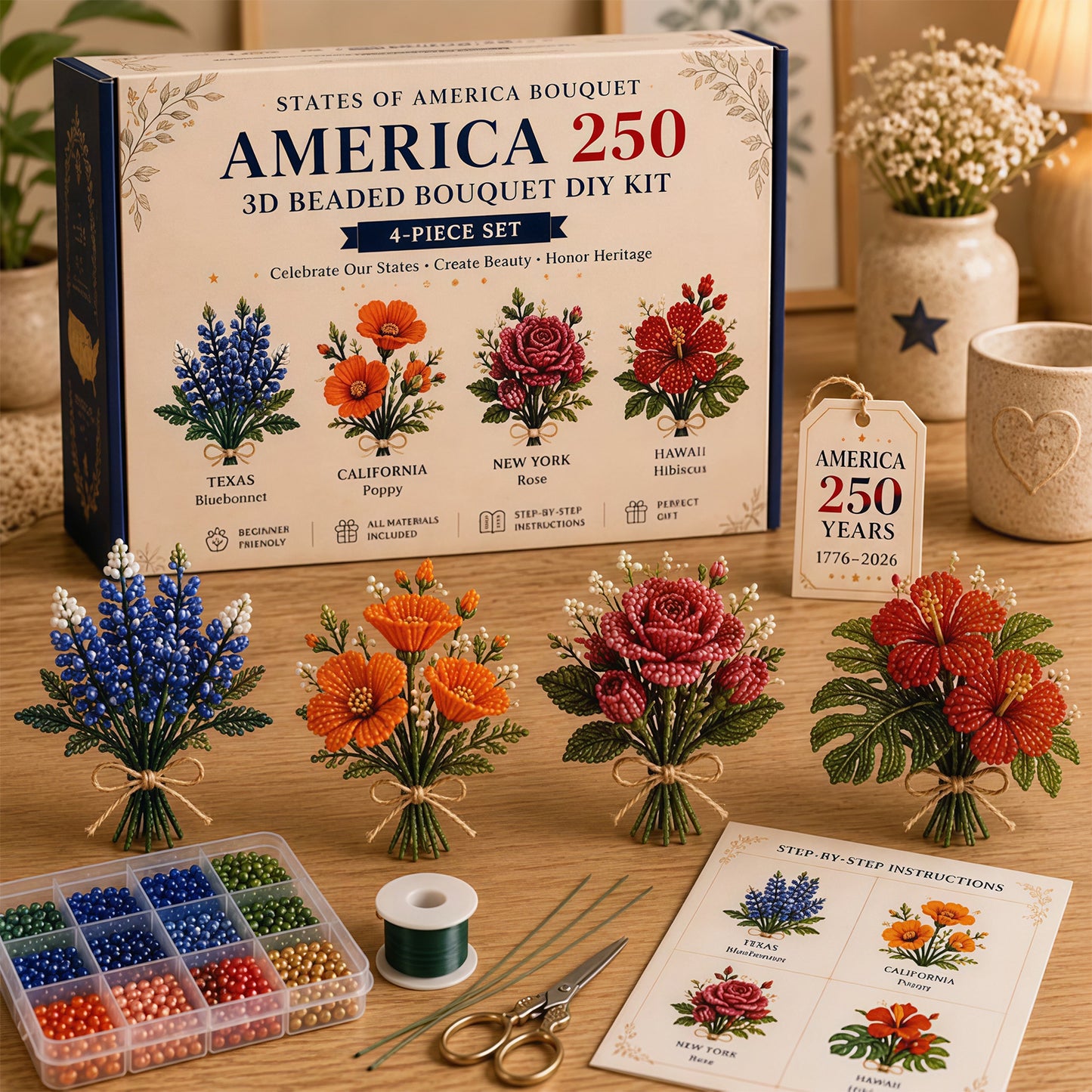 4 Pack 1776-2026 America Independence Day Craft Set Multi Purpose Tiny 3D Beaded Flower DIY Kits Reusable Patriotic Flowers Handmade Craft Sets for Party&Celebration Ornament (Style B)