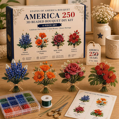 4 Pack 1776-2026 America Independence Day Craft Set Multi Purpose Tiny 3D Beaded Flower DIY Kits Reusable Patriotic Flowers Handmade Craft Sets for Party&Celebration Ornament (Style B)