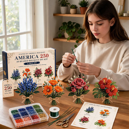 4 Pack 1776-2026 America Independence Day Craft Set Multi Purpose Tiny 3D Beaded Flower DIY Kits Reusable Patriotic Flowers Handmade Craft Sets for Party&Celebration Ornament (Style B)