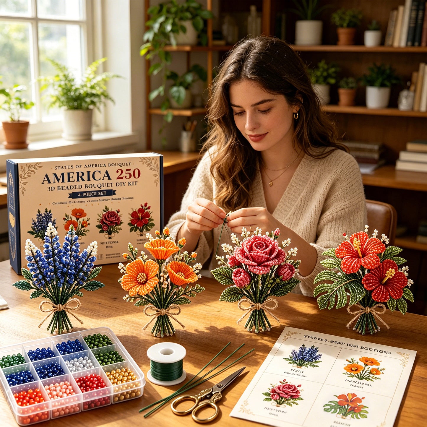 4 Pack 1776-2026 America Independence Day Craft Set Multi Purpose Tiny 3D Beaded Flower DIY Kits Reusable Patriotic Flowers Handmade Craft Sets for Party&Celebration Ornament (Style B)