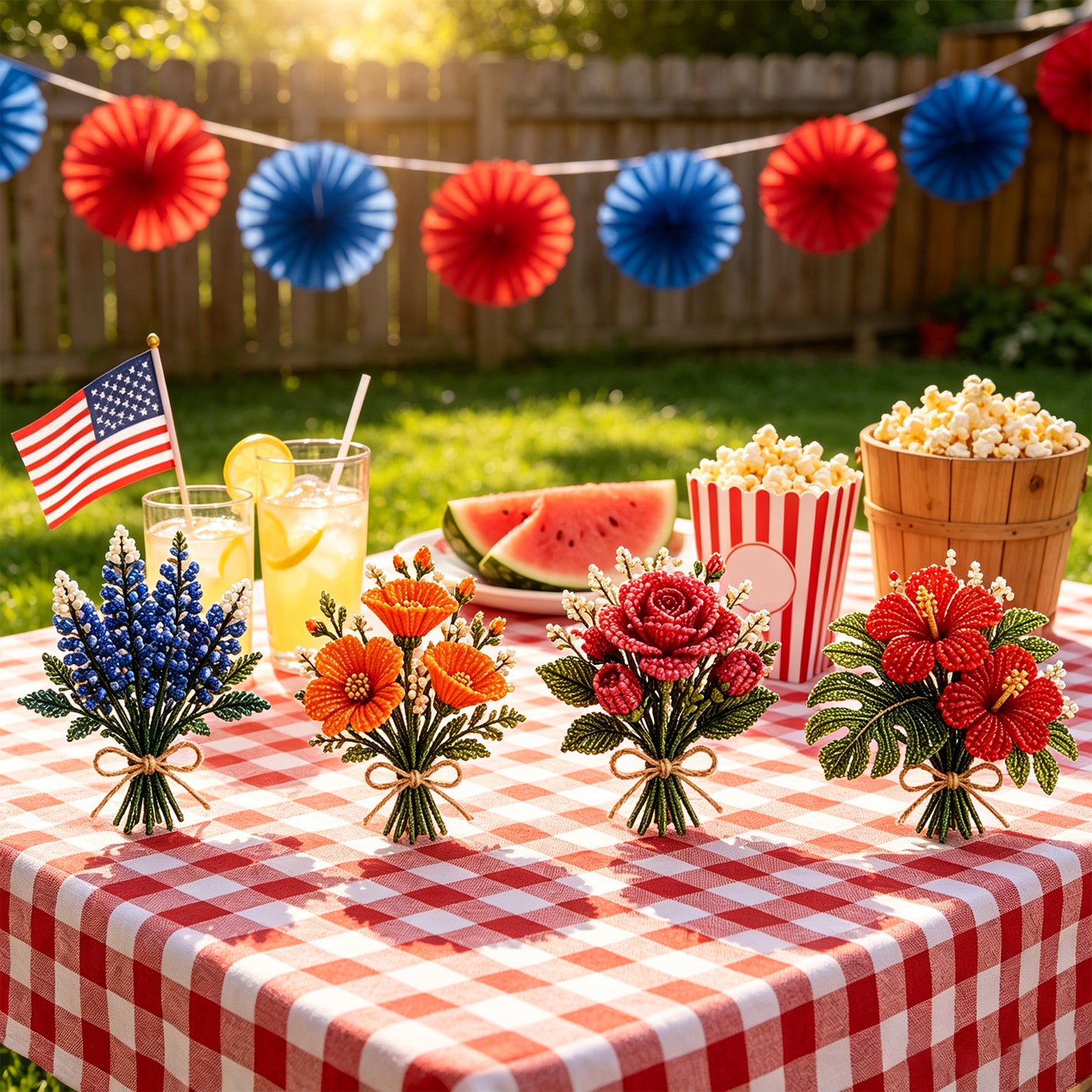 4 Pack 1776-2026 America Independence Day Craft Set Multi Purpose Tiny 3D Beaded Flower DIY Kits Reusable Patriotic Flowers Handmade Craft Sets for Party&Celebration Ornament (Style B)