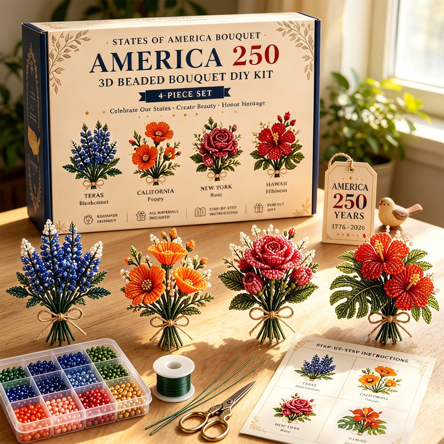 4 Pack 1776-2026 America Independence Day Craft Set Multi Purpose Tiny 3D Beaded Flower DIY Kits Reusable Patriotic Flowers Handmade Craft Sets for Party&Celebration Ornament (Style B)