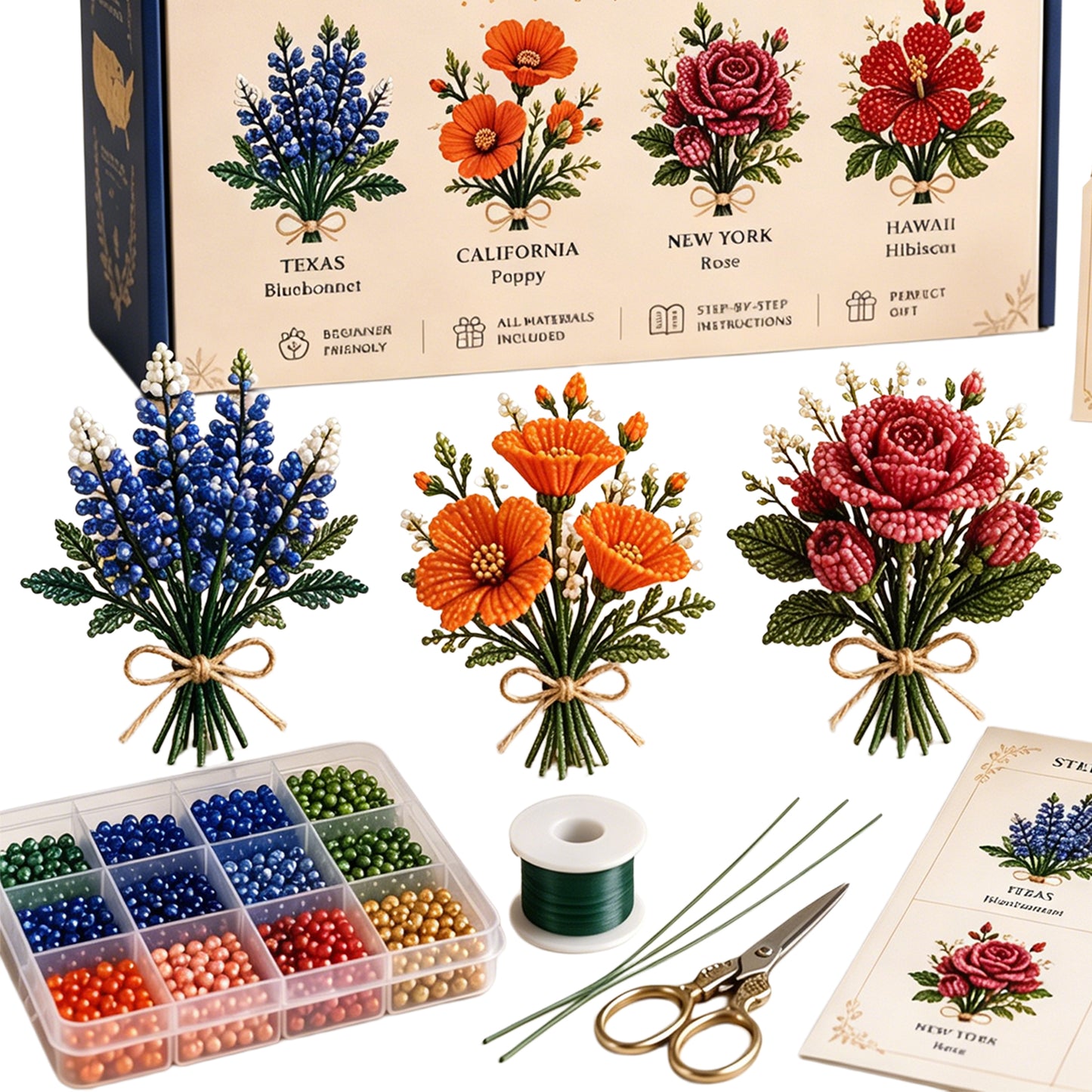 4 Pack 1776-2026 America Independence Day Craft Set Multi Purpose Tiny 3D Beaded Flower DIY Kits Reusable Patriotic Flowers Handmade Craft Sets for Party&Celebration Ornament (Style B)
