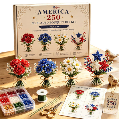 4 Pack 1776-2026 America Independence Day Craft Set Multi Purpose Tiny 3D Beaded Flower DIY Kits Reusable Patriotic Flowers Handmade Craft Sets for Party&Celebration Ornament (Style C)