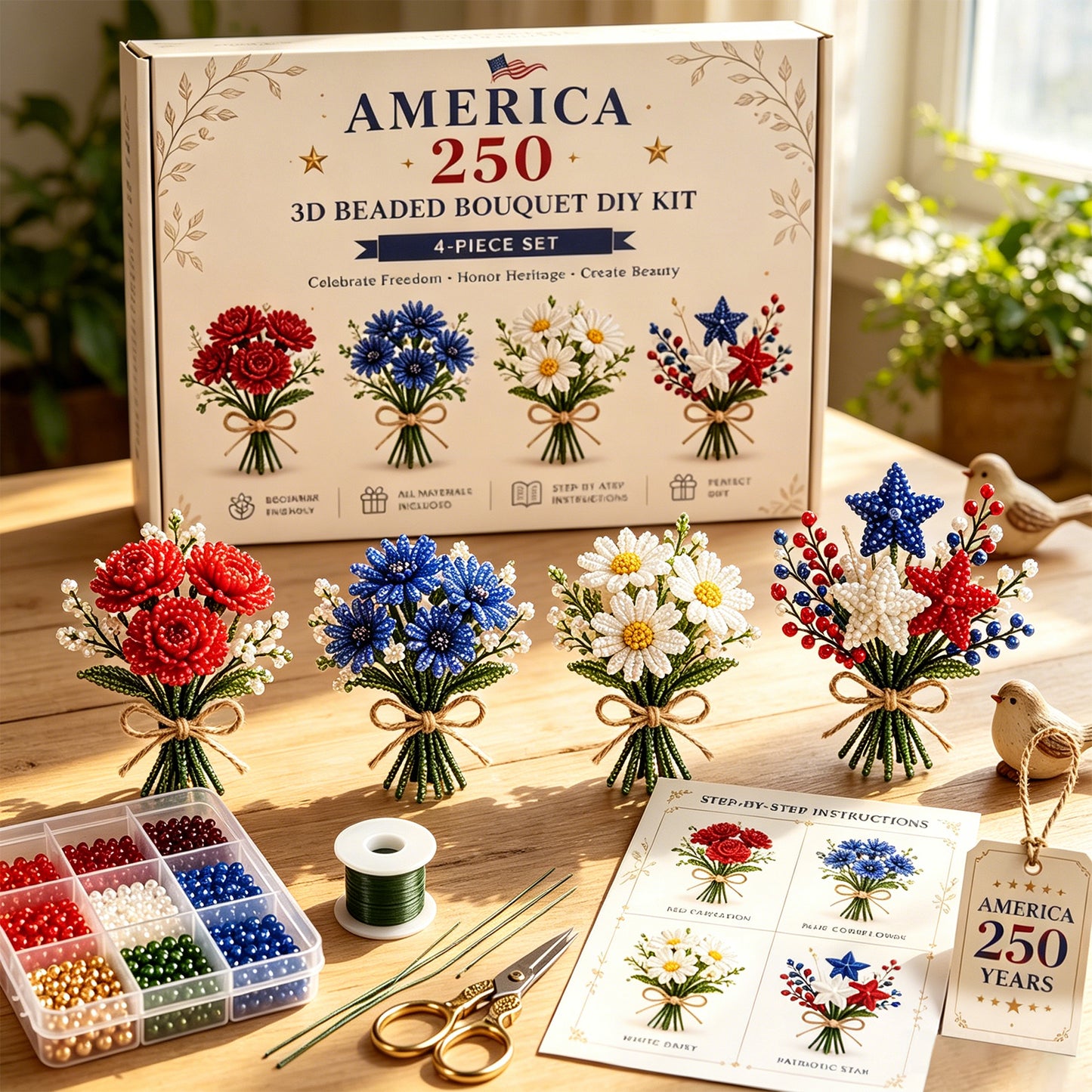 4 Pack 1776-2026 America Independence Day Craft Set Multi Purpose Tiny 3D Beaded Flower DIY Kits Reusable Patriotic Flowers Handmade Craft Sets for Party&Celebration Ornament (Style C)