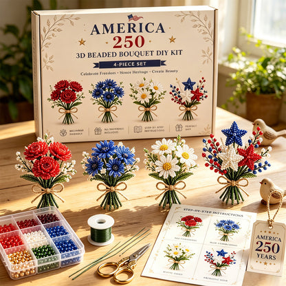 4 Pack 1776-2026 America Independence Day Craft Set Multi Purpose Tiny 3D Beaded Flower DIY Kits Reusable Patriotic Flowers Handmade Craft Sets for Party&Celebration Ornament (Style C)