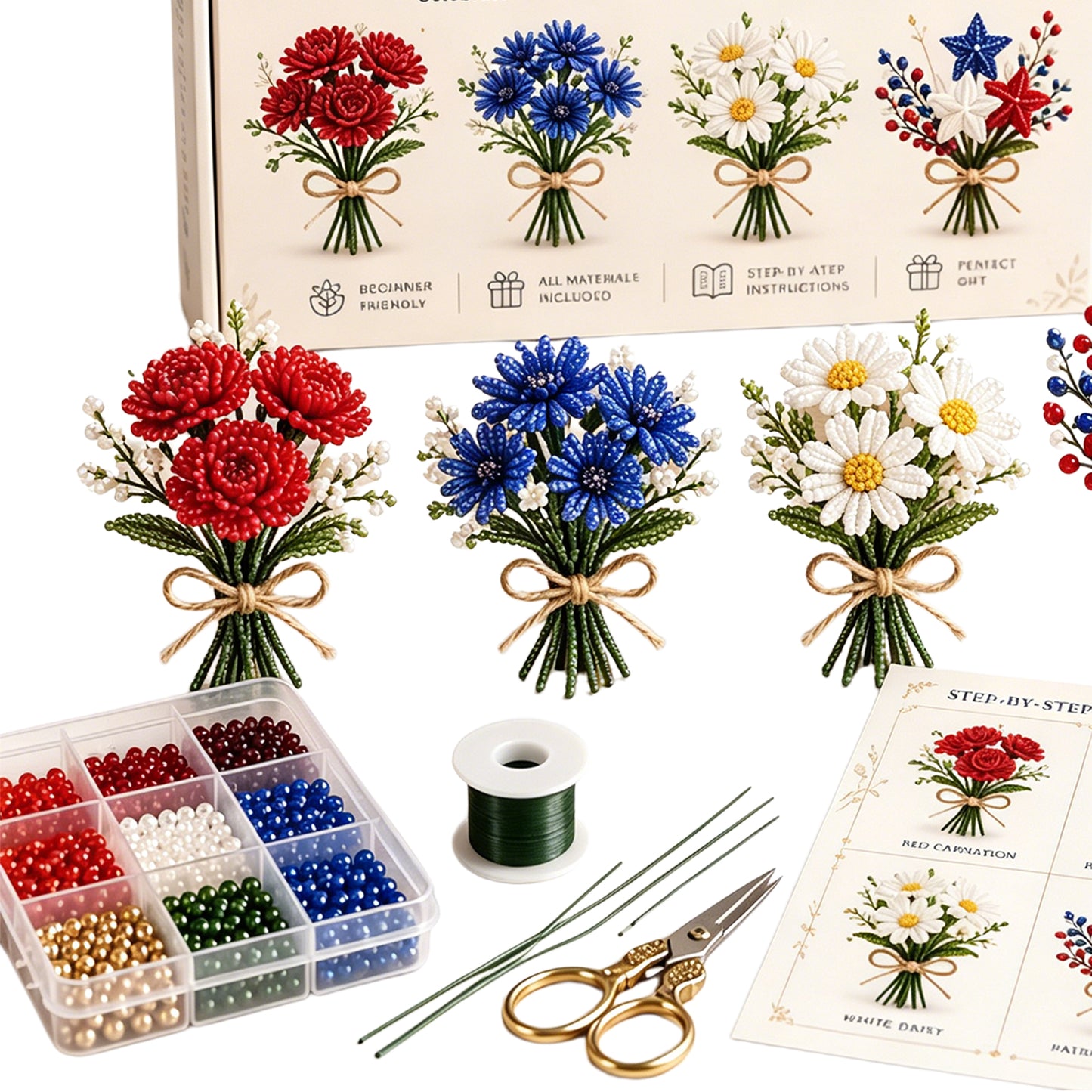 4 Pack 1776-2026 America Independence Day Craft Set Multi Purpose Tiny 3D Beaded Flower DIY Kits Reusable Patriotic Flowers Handmade Craft Sets for Party&Celebration Ornament (Style C)