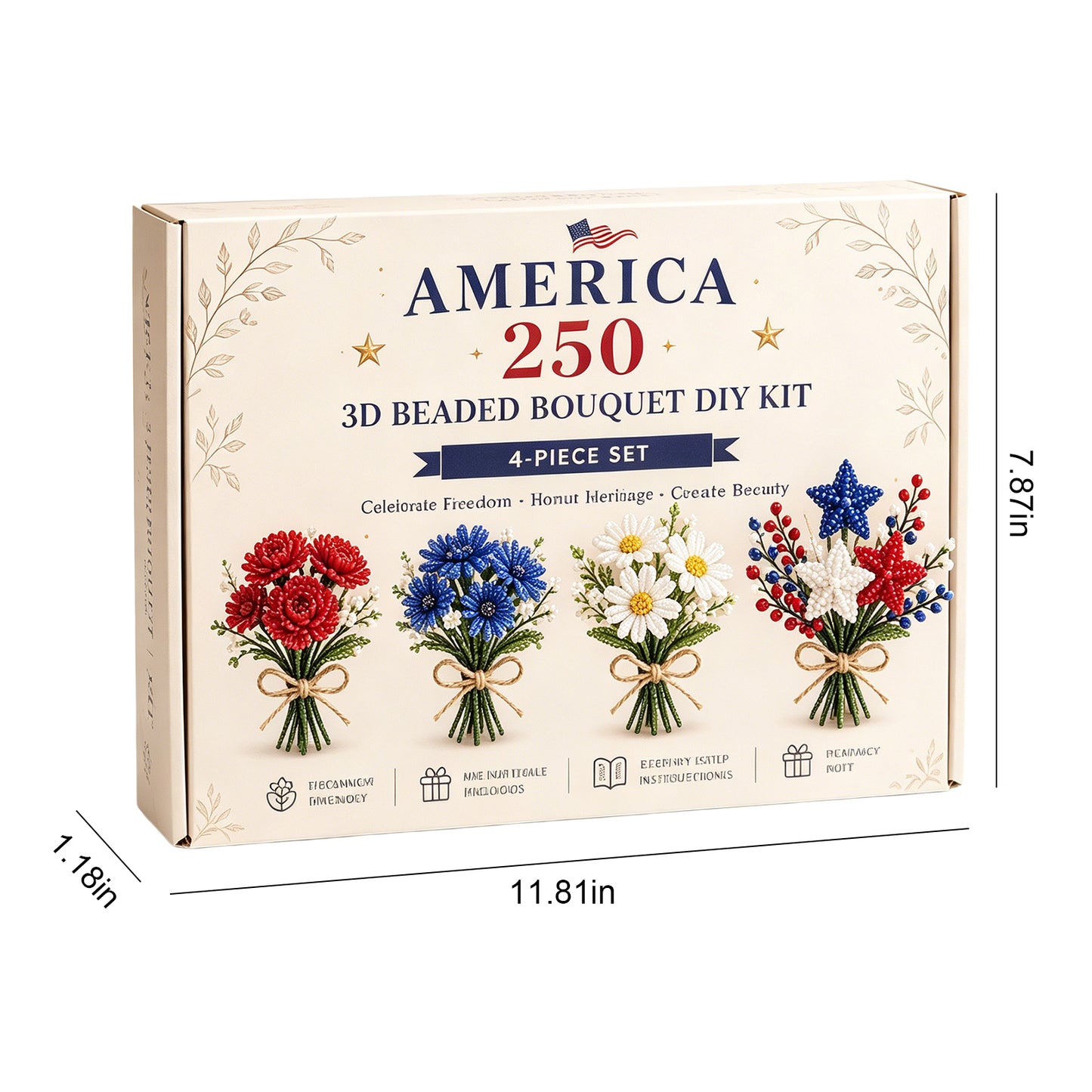 4 Pack 1776-2026 America Independence Day Craft Set Multi Purpose Tiny 3D Beaded Flower DIY Kits Reusable Patriotic Flowers Handmade Craft Sets for Party&Celebration Ornament (Style C)