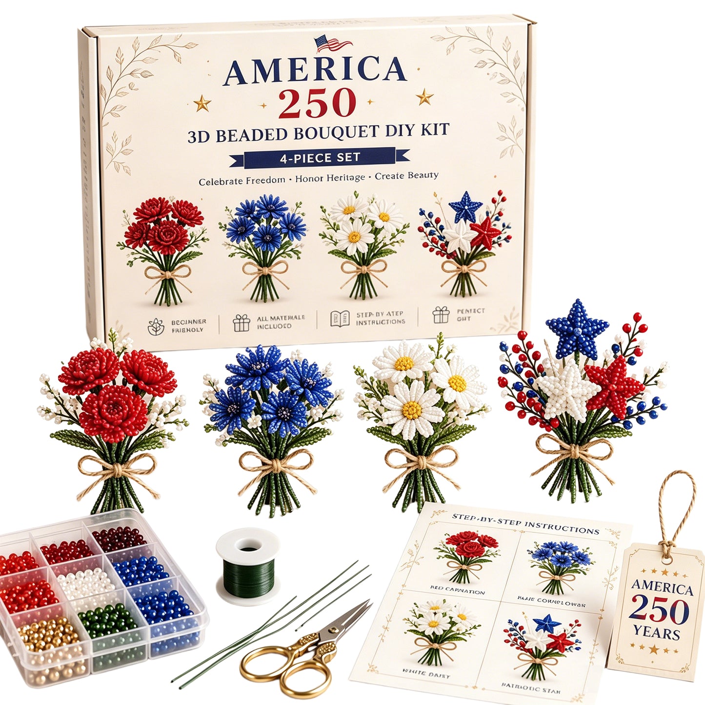 4 Pack 1776-2026 America Independence Day Craft Set Multi Purpose Tiny 3D Beaded Flower DIY Kits Reusable Patriotic Flowers Handmade Craft Sets for Party&Celebration Ornament (Style C)