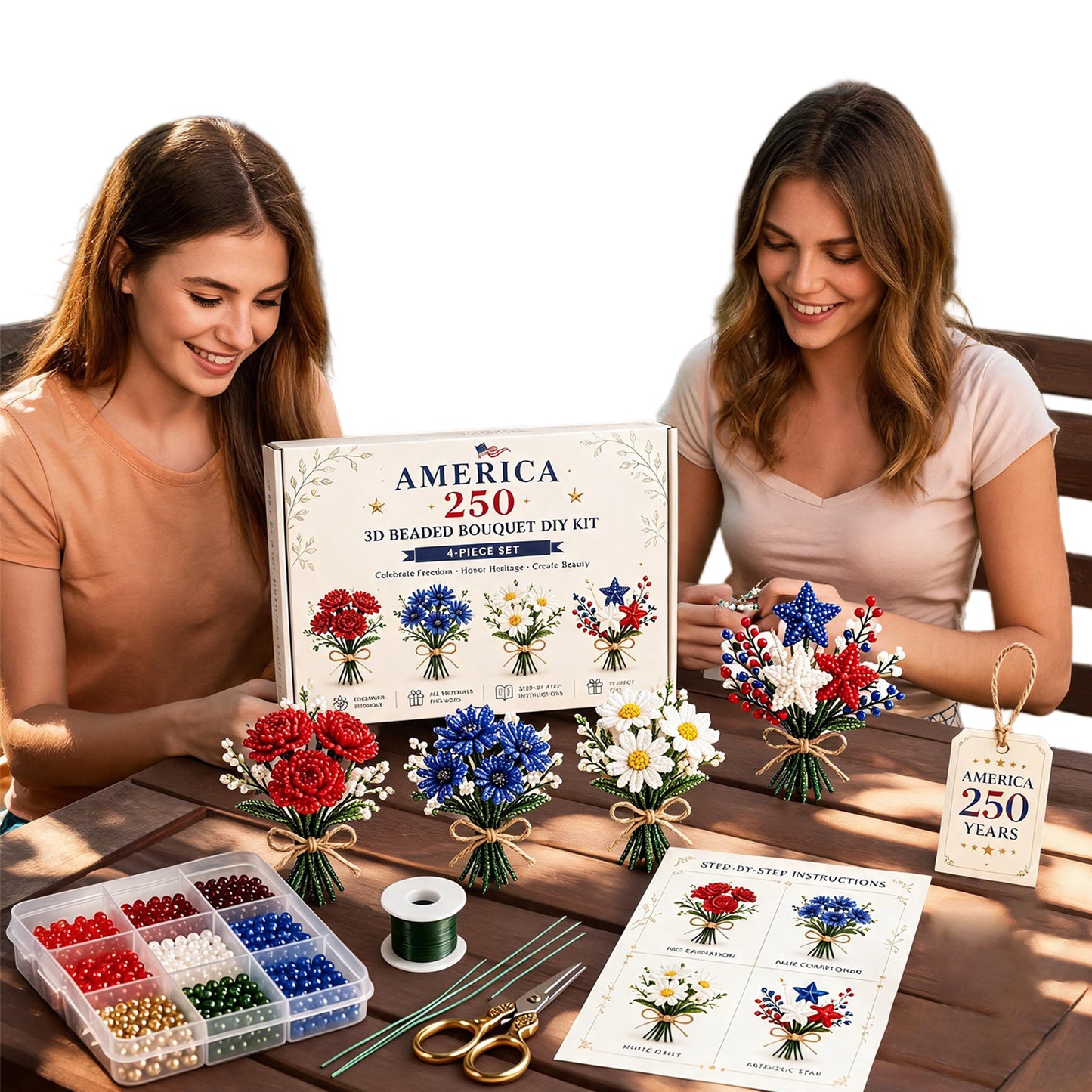 4 Pack 1776-2026 America Independence Day Craft Set Multi Purpose Tiny 3D Beaded Flower DIY Kits Reusable Patriotic Flowers Handmade Craft Sets for Party&Celebration Ornament (Style C)