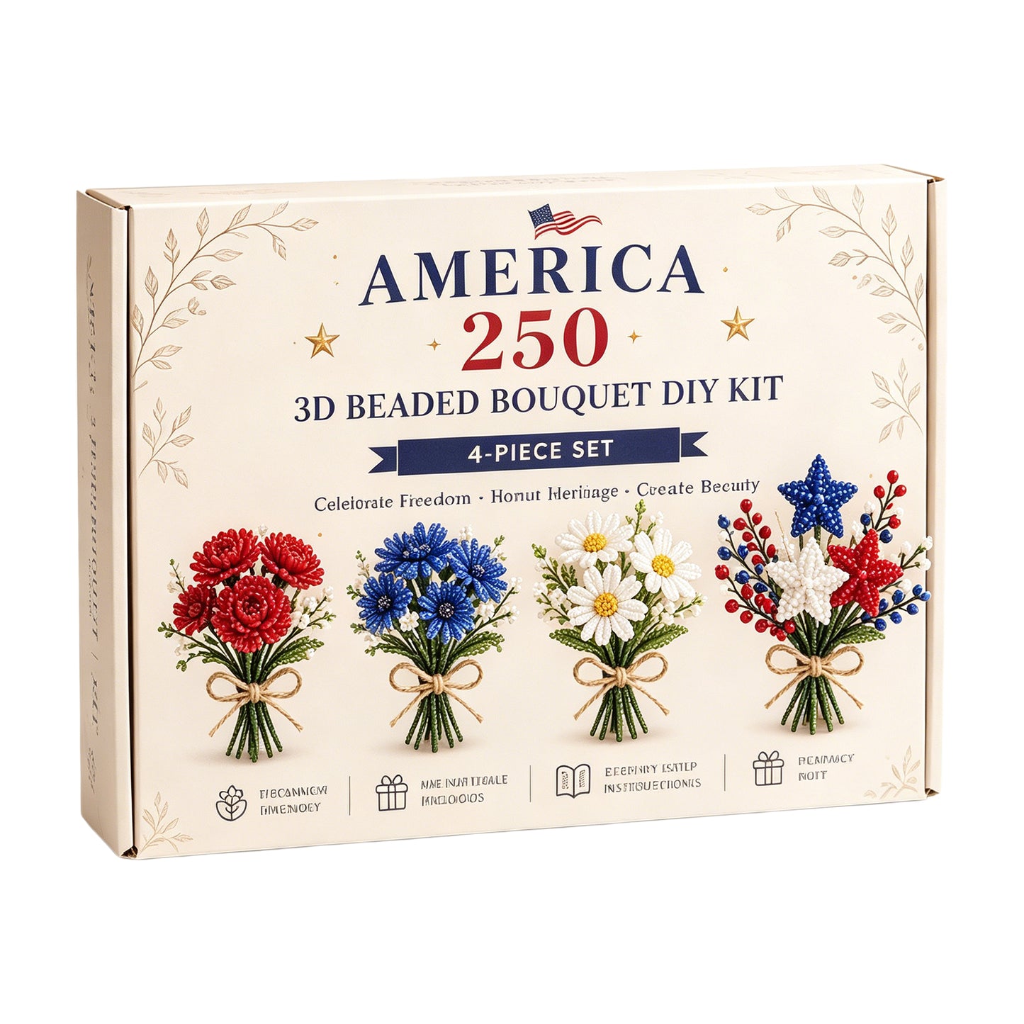 4 Pack 1776-2026 America Independence Day Craft Set Multi Purpose Tiny 3D Beaded Flower DIY Kits Reusable Patriotic Flowers Handmade Craft Sets for Party&Celebration Ornament (Style C)