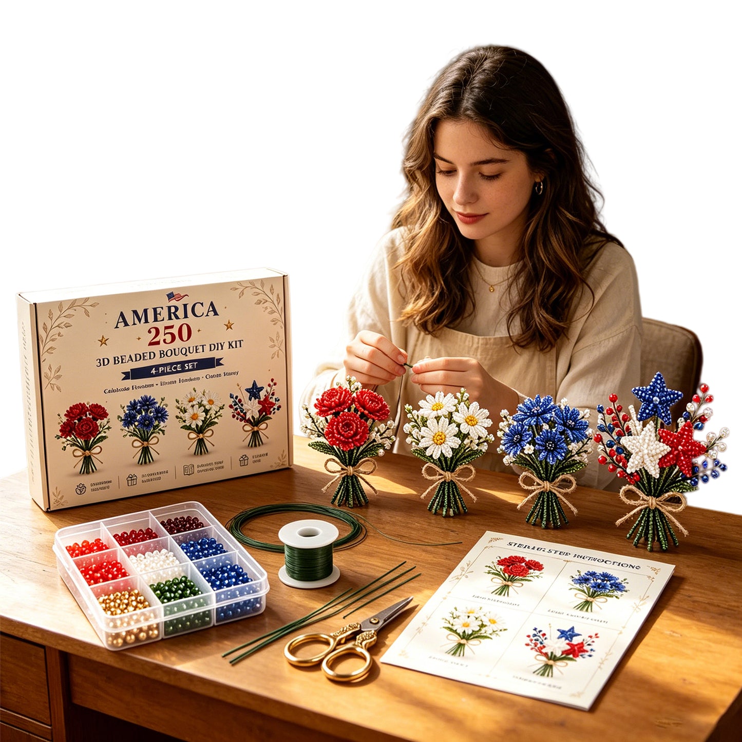 4 Pack 1776-2026 America Independence Day Craft Set Multi Purpose Tiny 3D Beaded Flower DIY Kits Reusable Patriotic Flowers Handmade Craft Sets for Party&Celebration Ornament (Style C)