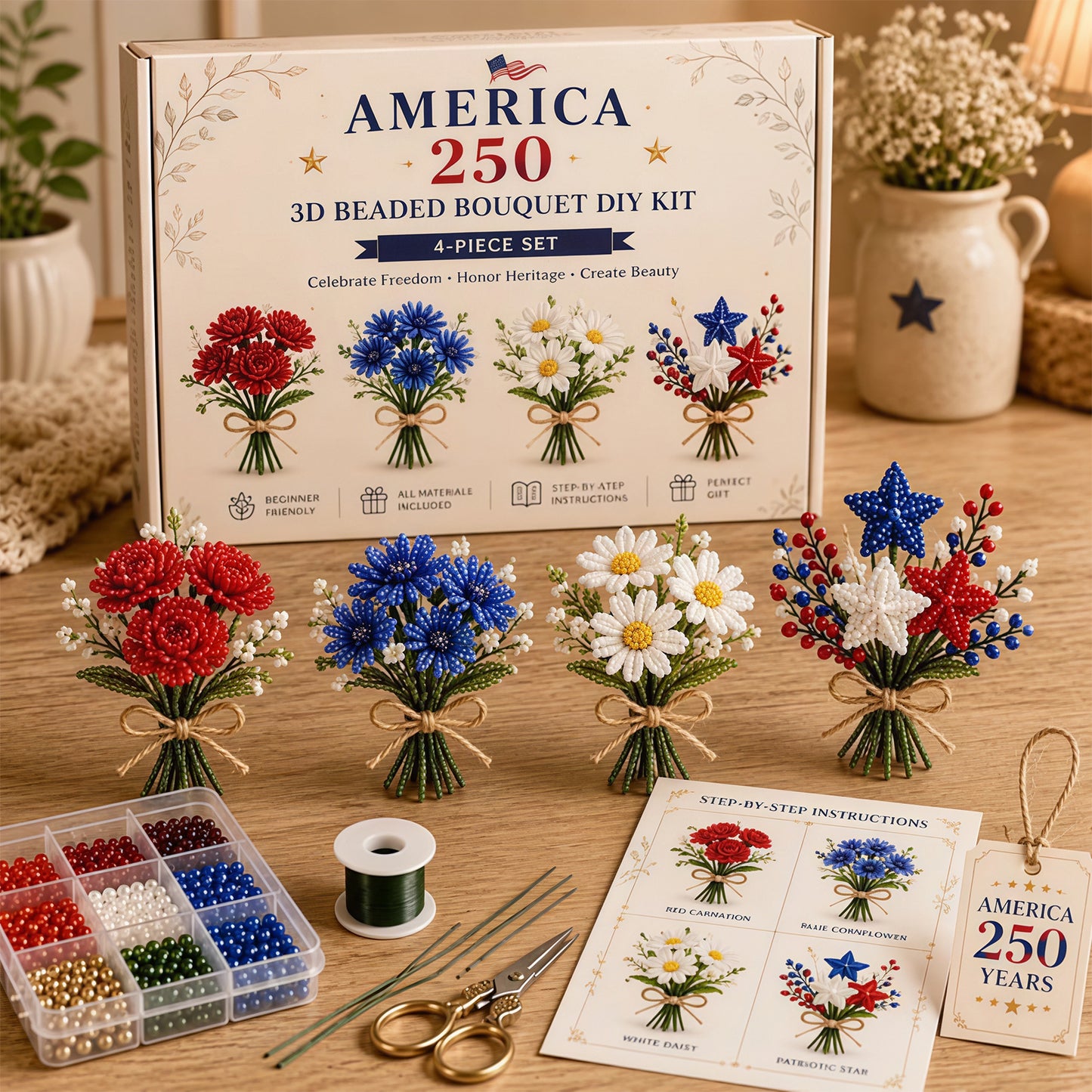 4 Pack 1776-2026 America Independence Day Craft Set Multi Purpose Tiny 3D Beaded Flower DIY Kits Reusable Patriotic Flowers Handmade Craft Sets for Party&Celebration Ornament (Style C)