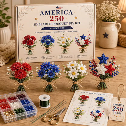 4 Pack 1776-2026 America Independence Day Craft Set Multi Purpose Tiny 3D Beaded Flower DIY Kits Reusable Patriotic Flowers Handmade Craft Sets for Party&Celebration Ornament (Style C)