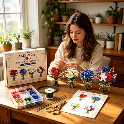 4 Pack 1776-2026 America Independence Day Craft Set Multi Purpose Tiny 3D Beaded Flower DIY Kits Reusable Patriotic Flowers Handmade Craft Sets for Party&Celebration Ornament (Style C)