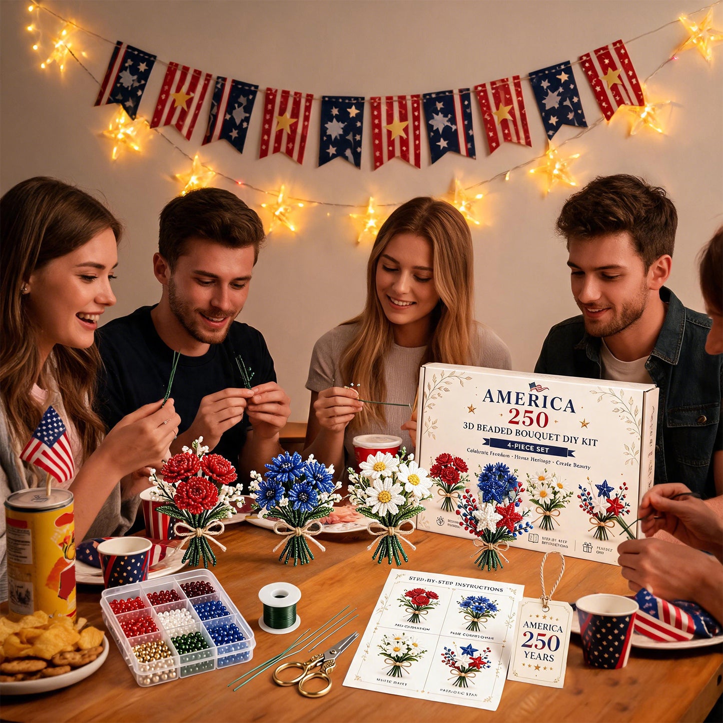 4 Pack 1776-2026 America Independence Day Craft Set Multi Purpose Tiny 3D Beaded Flower DIY Kits Reusable Patriotic Flowers Handmade Craft Sets for Party&Celebration Ornament (Style C)
