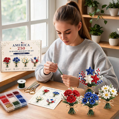 4 Pack 1776-2026 America Independence Day Craft Set Multi Purpose Tiny 3D Beaded Flower DIY Kits Reusable Patriotic Flowers Handmade Craft Sets for Party&Celebration Ornament (Style C)