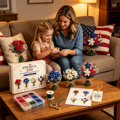 4 Pack 1776-2026 America Independence Day Craft Set Multi Purpose Tiny 3D Beaded Flower DIY Kits Reusable Patriotic Flowers Handmade Craft Sets for Party&Celebration Ornament (Style C)