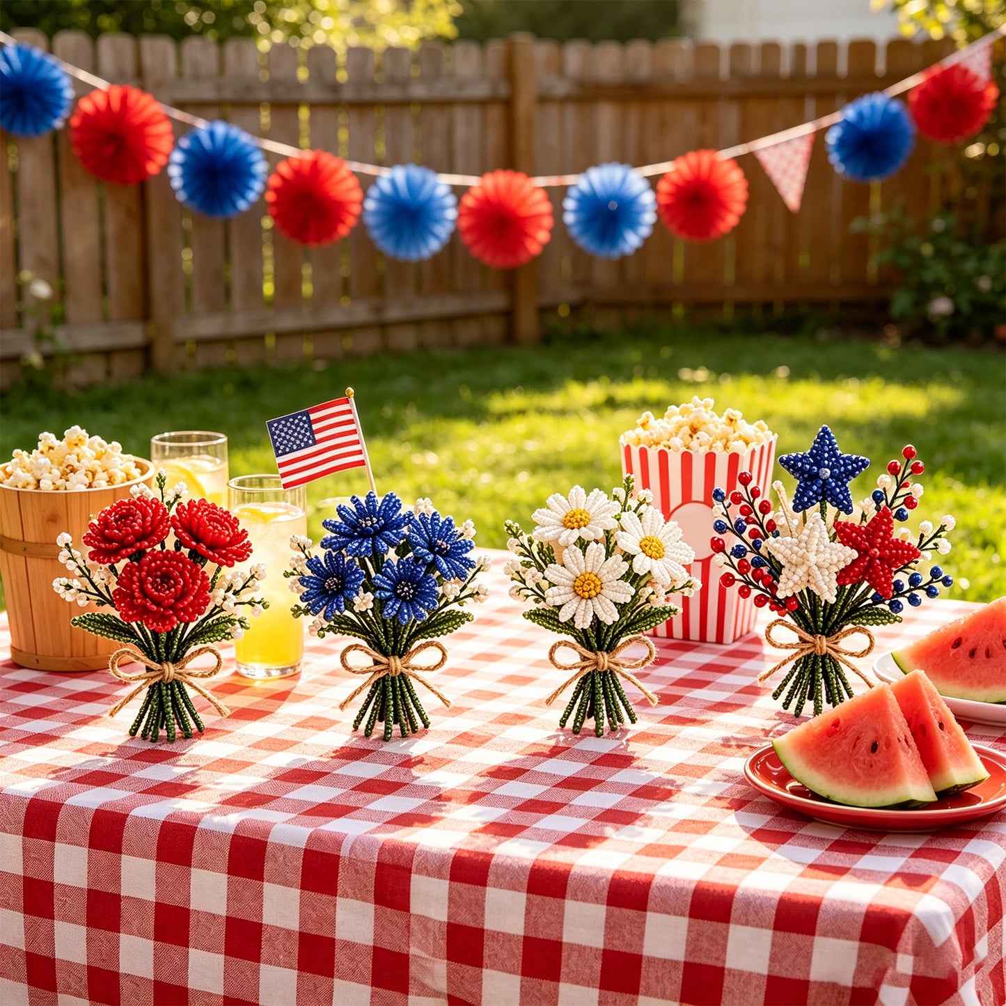4 Pack 1776-2026 America Independence Day Craft Set Multi Purpose Tiny 3D Beaded Flower DIY Kits Reusable Patriotic Flowers Handmade Craft Sets for Party&Celebration Ornament (Style C)