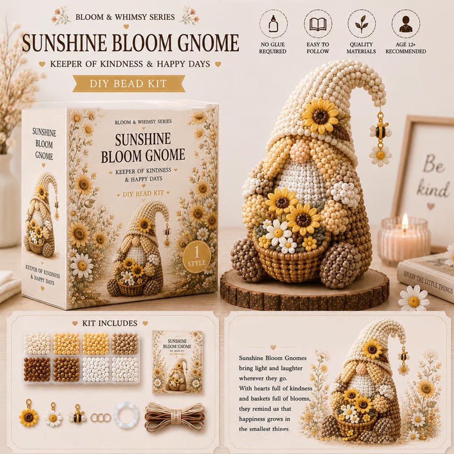3D DIY Gnome Handmade Bead Art Kit with Full Materials & Instructions Beading Craft Set Beaded Gnome DIY Kit Gift For Beginners & Craft Enthusiasts (Sunflower Gnome)