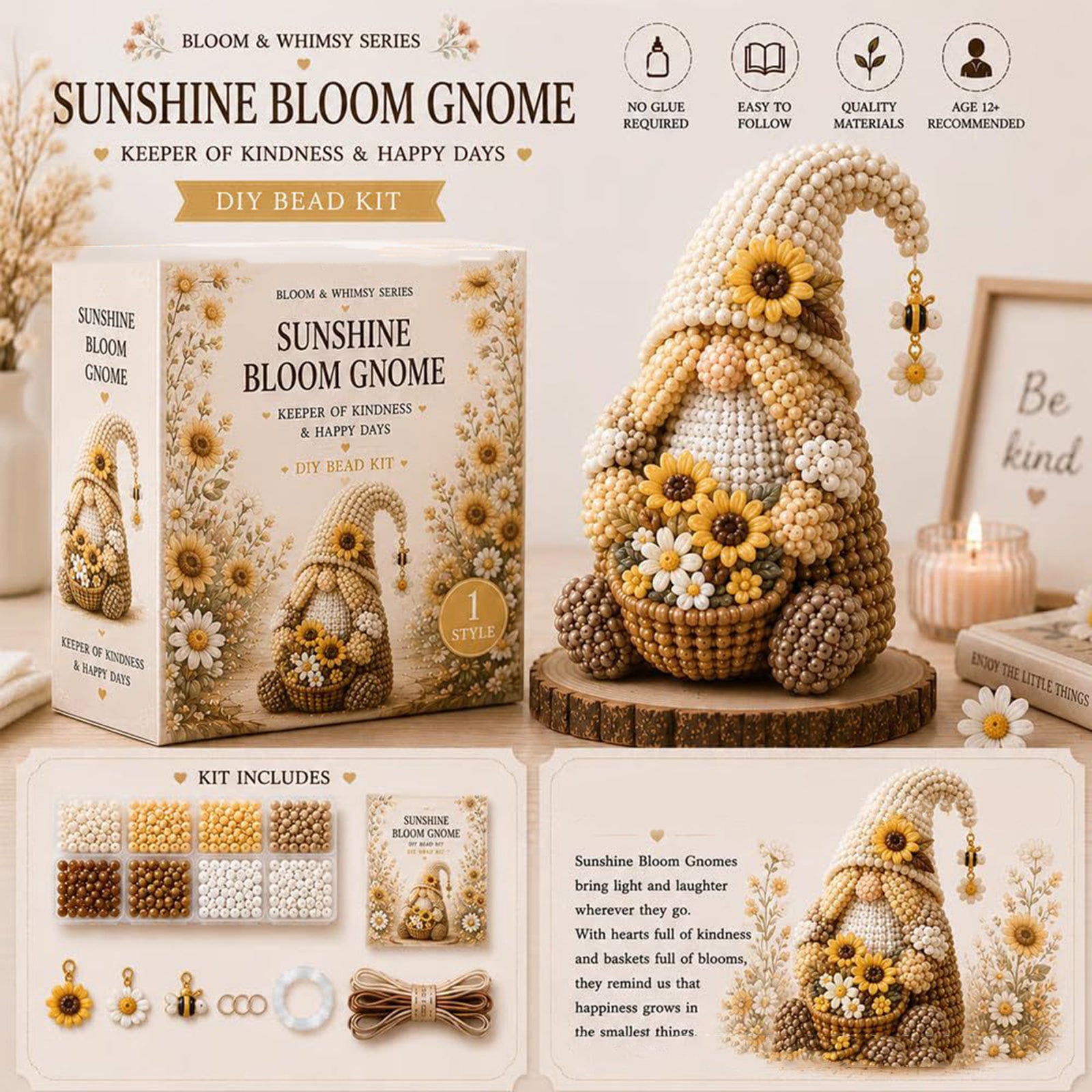 3D DIY Gnome Handmade Bead Art Kit with Full Materials & Instructions Beading Craft Set Beaded Gnome DIY Kit Gift For Beginners & Craft Enthusiasts (Sunflower Gnome)