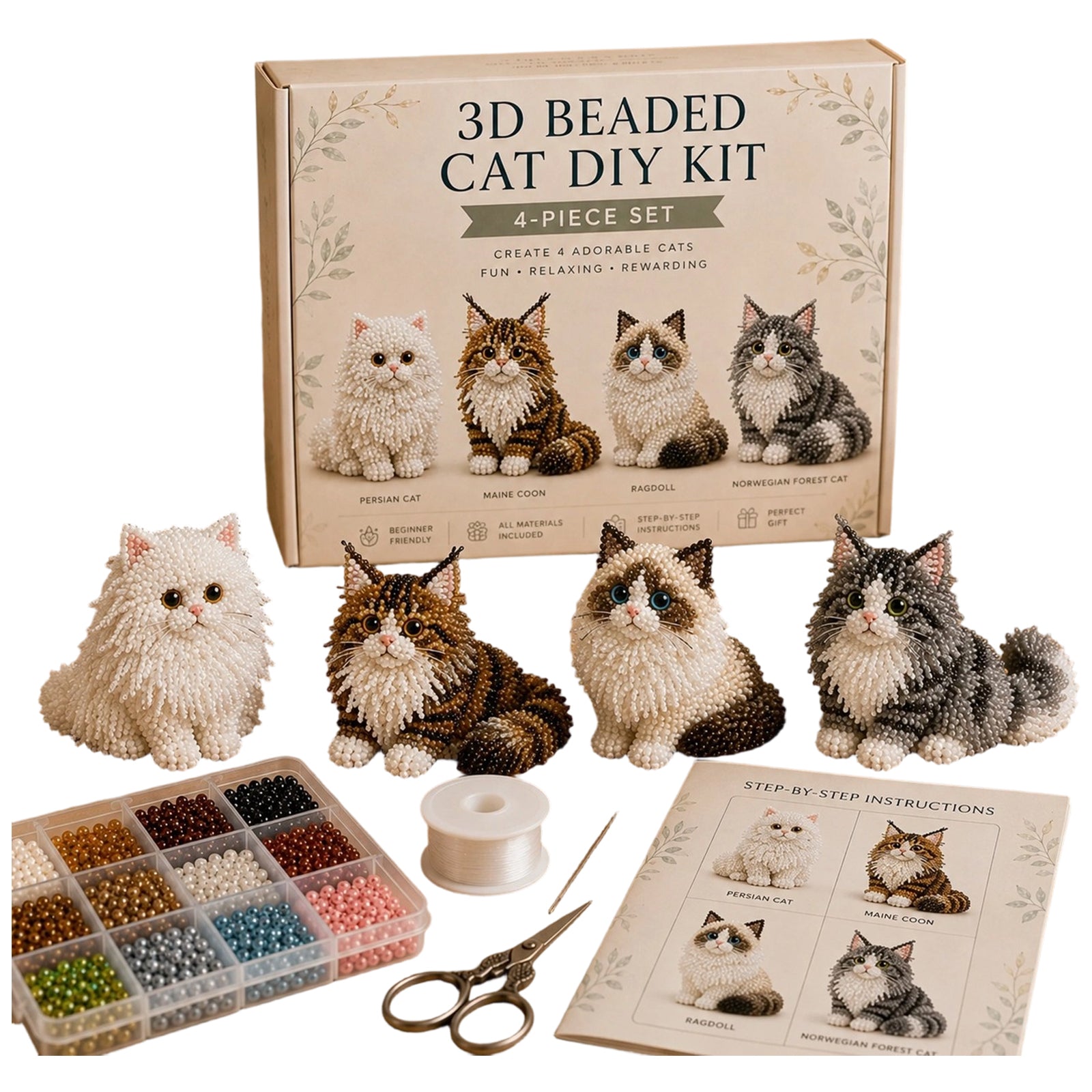 4pcs 3D DIY Cat Beaded Animal DIY Kit with Instructions Handmade Bead Art Kit Animal Beading Kit Gift for Beginners & Craft Enthusiasts (A)