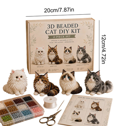 4pcs 3D DIY Cat Beaded Animal DIY Kit with Instructions Handmade Bead Art Kit Animal Beading Kit Gift for Beginners & Craft Enthusiasts (A)