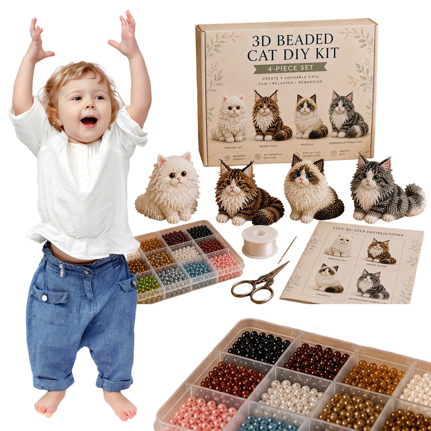 4pcs 3D DIY Cat Beaded Animal DIY Kit with Instructions Handmade Bead Art Kit Animal Beading Kit Gift for Beginners & Craft Enthusiasts (A)