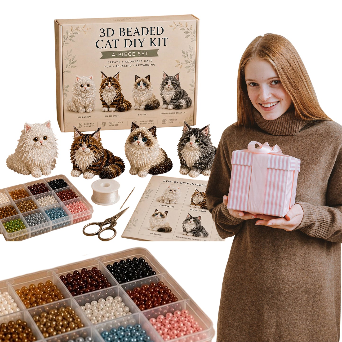 4pcs 3D DIY Cat Beaded Animal DIY Kit with Instructions Handmade Bead Art Kit Animal Beading Kit Gift for Beginners & Craft Enthusiasts (A)