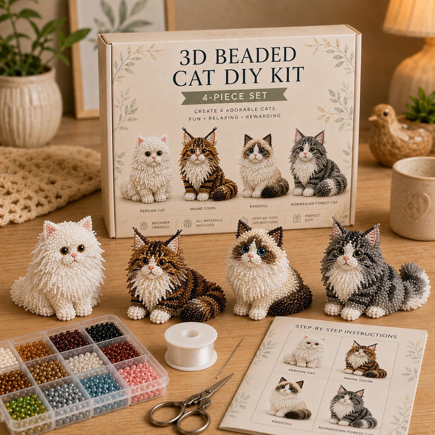 4pcs 3D DIY Cat Beaded Animal DIY Kit with Instructions Handmade Bead Art Kit Animal Beading Kit Gift for Beginners & Craft Enthusiasts (A)