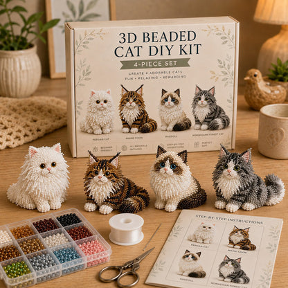 4pcs 3D DIY Cat Beaded Animal DIY Kit with Instructions Handmade Bead Art Kit Animal Beading Kit Gift for Beginners & Craft Enthusiasts (A)