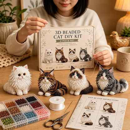 4pcs 3D DIY Cat Beaded Animal DIY Kit with Instructions Handmade Bead Art Kit Animal Beading Kit Gift for Beginners & Craft Enthusiasts (A)
