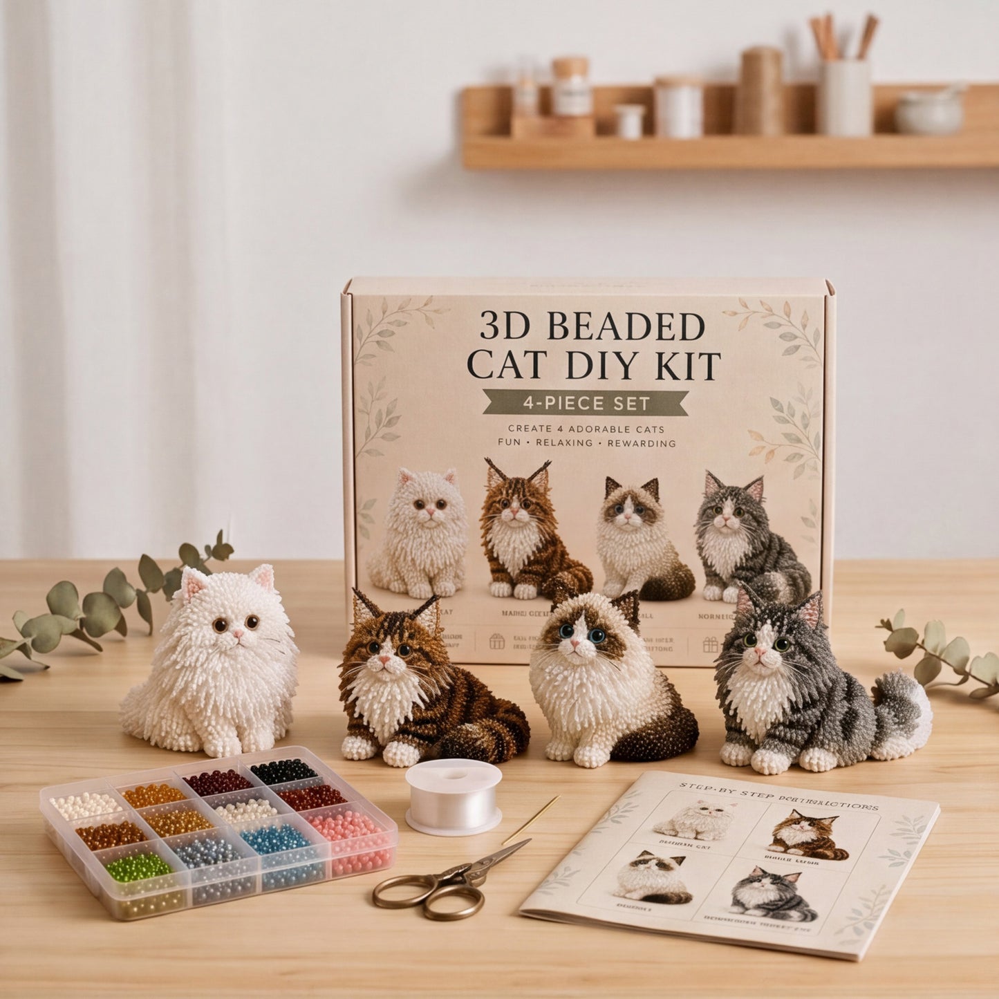 4pcs 3D DIY Cat Beaded Animal DIY Kit with Instructions Handmade Bead Art Kit Animal Beading Kit Gift for Beginners & Craft Enthusiasts (A)