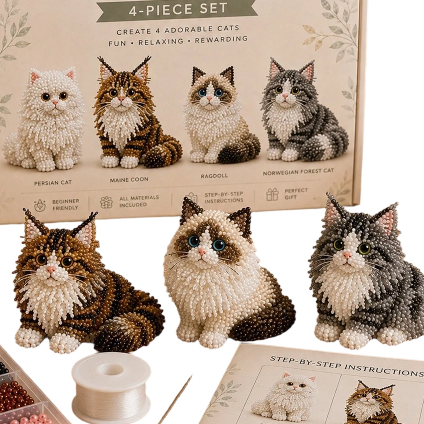 4pcs 3D DIY Cat Beaded Animal DIY Kit with Instructions Handmade Bead Art Kit Animal Beading Kit Gift for Beginners & Craft Enthusiasts (A)