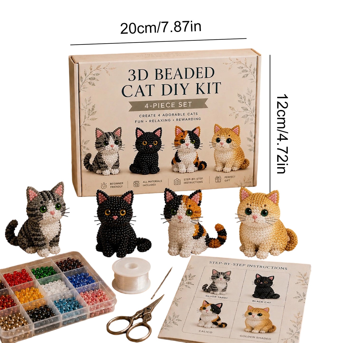 4pcs 3D DIY Cat Beaded Animal DIY Kit with Instructions Handmade Bead Art Kit Animal Beading Kit Gift for Beginners & Craft Enthusiasts (B)